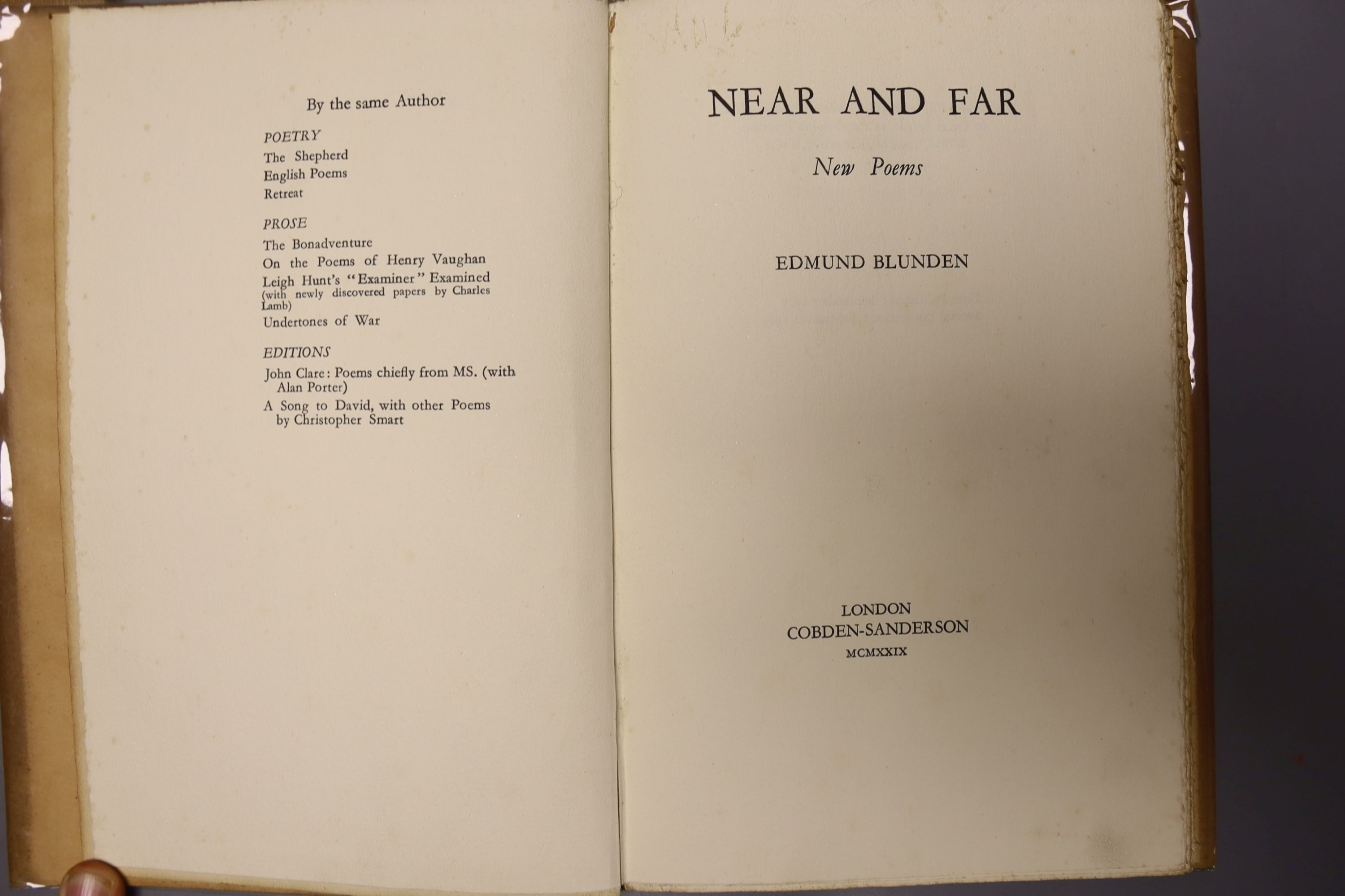 Blunden, Edmund, 'Near and Far, New Poems', 8vo hardback, (dj present, some tears to borders, plastic wrapped) inscribed 'To Robin 'Peggy' Unsted, on her intrepid journey to woodstock close, with blessings from Edmund Bl